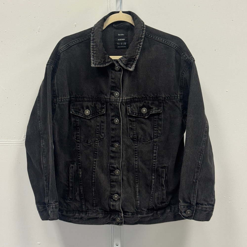 Bershka Men's Washed Black Denim Trucker Jacket Oversized Washed Cotton Small